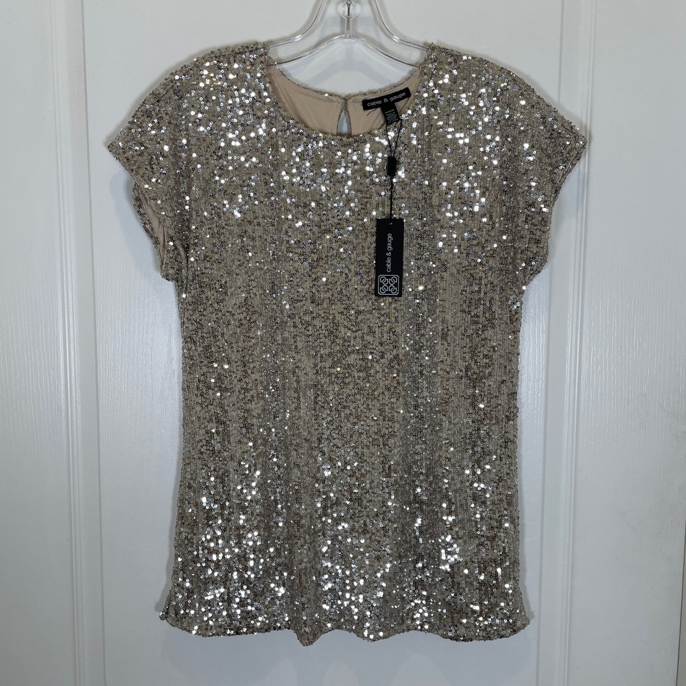 Cable & Gauge Women Silver / Champagne Sequins Blouse Short Sleeve Party‎ NWT M - Picture 2 of 5
